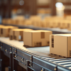 Boxes on conveyor belt in warehouse