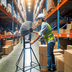 Worker placing a fan in a warehouse