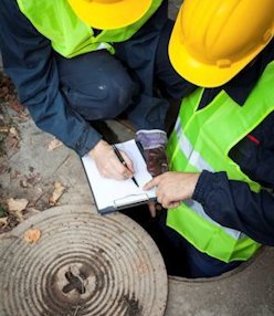 Two workers about to enter a confined space check for airborne chemicals