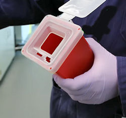 Gloved hand holding a sharps disposal container