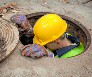 Worker decending manhole