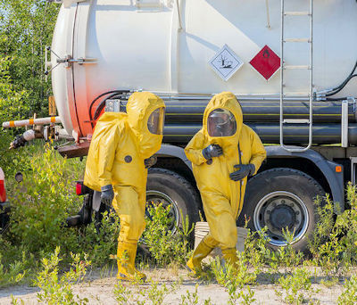 Two workers in full PPE by hazardous chemicals tanker 