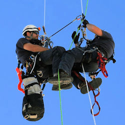 Workers using rope access equipment