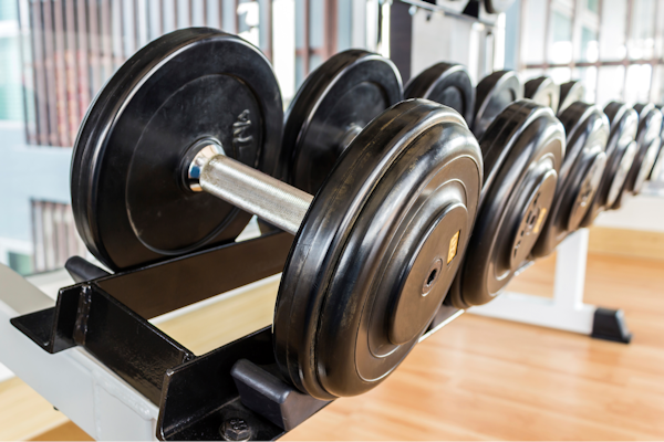 weight rack with multiple dumb bells.