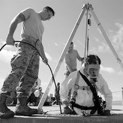 Confned space entry team hoisting an entrant out of the confined space.