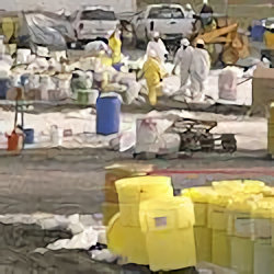 Large lot full of various containers and workers protected from hazardous chemicals