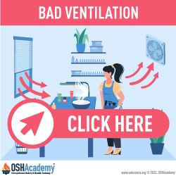 Bad Ventilation. Woman next to an exhaust fan with chemical odors/vapors being blown towards her from the other side of the room.