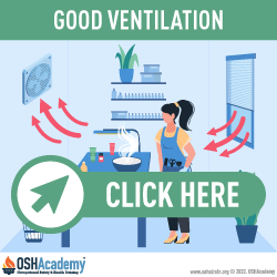 Infographic of good ventilation. Woman next to a window with chemical odors/vapors being blown away from her towards an exhaust fan.