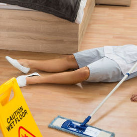 Worker who has fallen on the ground with mop and caution wet floor sign