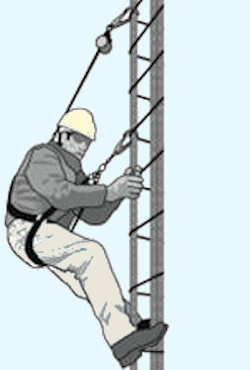 Illustration of worker with a positioning device with a self retracting lifeline