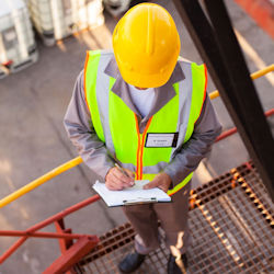 Worker standing inside a warehouse on a platform conducting an inspection