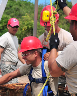 Hands-on instruction and training for workers using a safety harness and hoist.