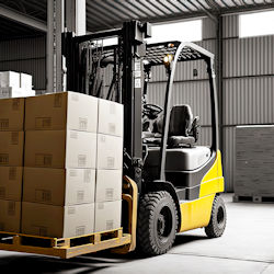 forklift traveling with a load in clean warehouse conditions