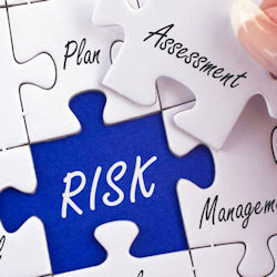 Puzzle pieces that have the words Plan, Assessment, Management on them and the Assessment puzzle piece is being pulled out of it's place and underneath it is the word RISK.