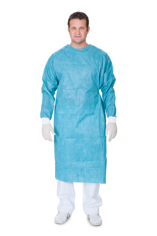 pharmacist wearing a surgical gown.