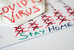 A calendar with 2 weeks of days crossed out in red with the words COVID Virus on it