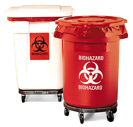 Two large biohzard waste containers.