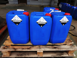 Four plastic containers with hazardous materials