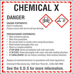 Globally Harmonized System sample compliant chemical label