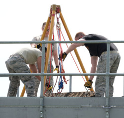 Workers standing above a confined space receiving training for monitoring and testing instruments