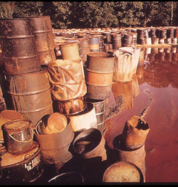 Barrels showing varied types of wear stacked at hazardous waste site