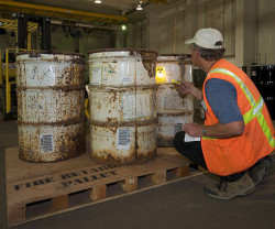 Worker assessing condition of drums and containers 