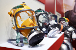 A variety of full-face respirator masks displayed