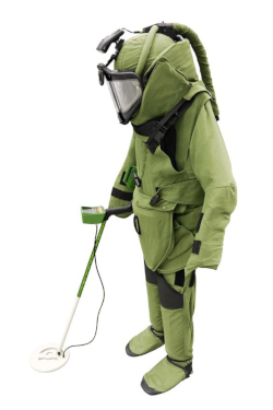 Man in a green blast suit with a metal detector