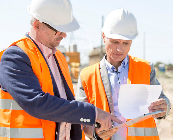 Two supervisors outdoors looking at notes