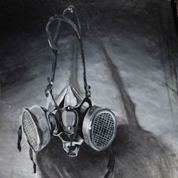 respirator hanging on wall