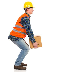 Worker using proper lifting procedures when lifting a box using the legs.