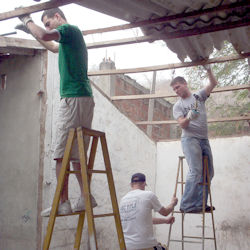 Three construction workers two on ladders one holding a ladder for stability.