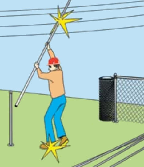 Image of worker making contact with overhead power line