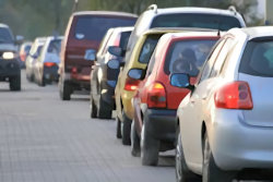 Long row of cars backed up on a road