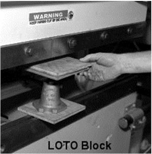 A safety block being inserted into a machine.