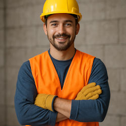 Image of worker happy worker with arms crossed.