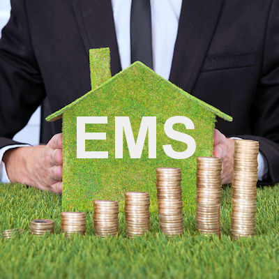 Image of a manager with a stack of coin in from of an Environmental Management Systems sign