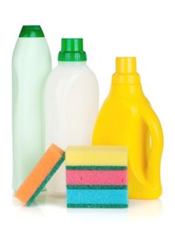 Plastic bottles of various sizes and sponges