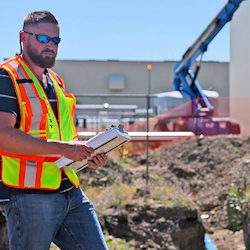 Inspector who is also a competent person reviewing a trench.