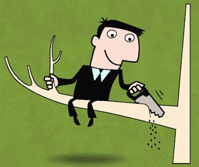 Cartoon of man cutting the branch that's supporting his own weight