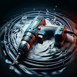 Power hand drill resting in water, very dangerous