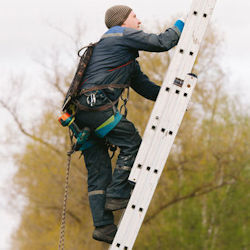 worker climbing on an extension ladder