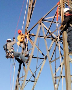 Two employes climbing up a tower with a manager giving fall protection equipment training