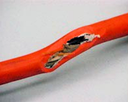 extension cord with damaged insulation wires are exposed