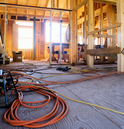 Power cords laying all over the floor of a house under construction.