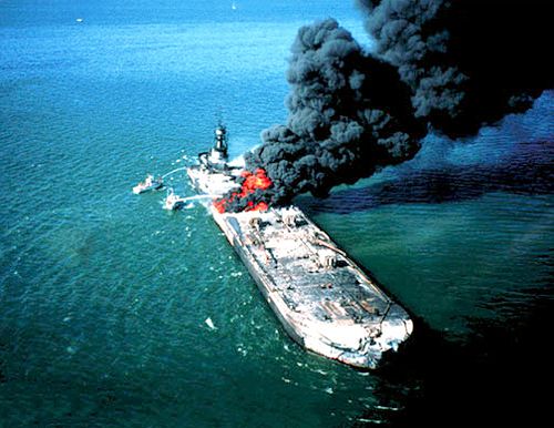 large tanker fire at sea