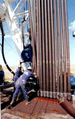 Two workers moving tall row of piping