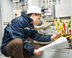 Single worker checking wiring against wiring blueprint