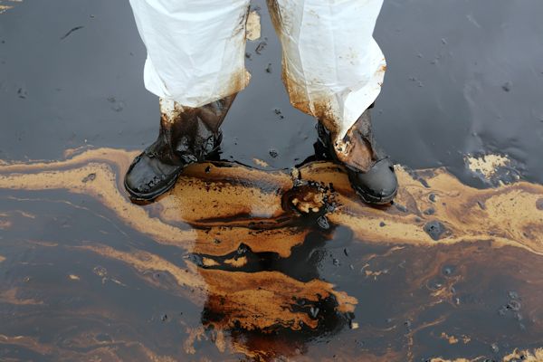 Man in PPE and boots standing is spilled crude oil